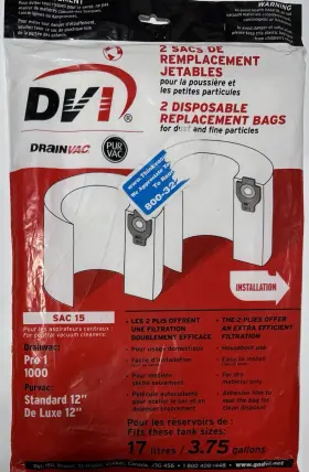 SAC-15 DRAINVAC Pack Purvac Central Vacuum Bags