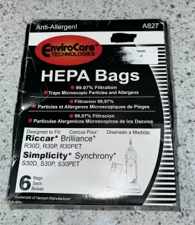 A827 RICCAR Brilliance Hepa Vacuum Bags Envirocare Pack A827 RICCAR Brilliance Hepa Vacuum Bags Envirocare Pack