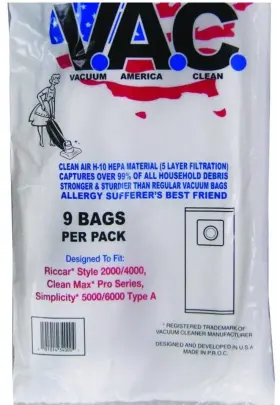 VAC27 VACUUM AMERICA CLEAN Hepa Bag Riccar Simplictiy